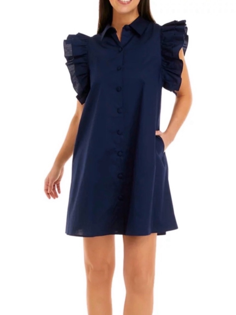 crown & ivy Navy Ruffle Sleeve Button Down Shirt Dress - with pockets!